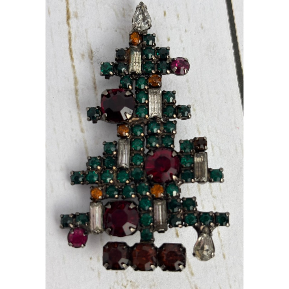 Vintage Christmas Tree Brooch Multi Color Rhinestone Gunmetal Holiday Pin P234